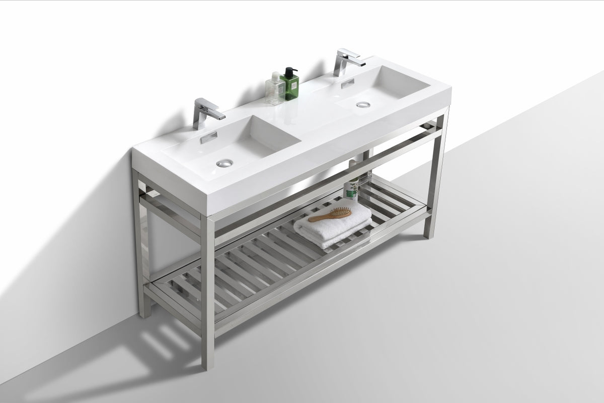 Kube Cisco 60" Stainless Steel Console w/ White Acrylic Double Sink Chrome