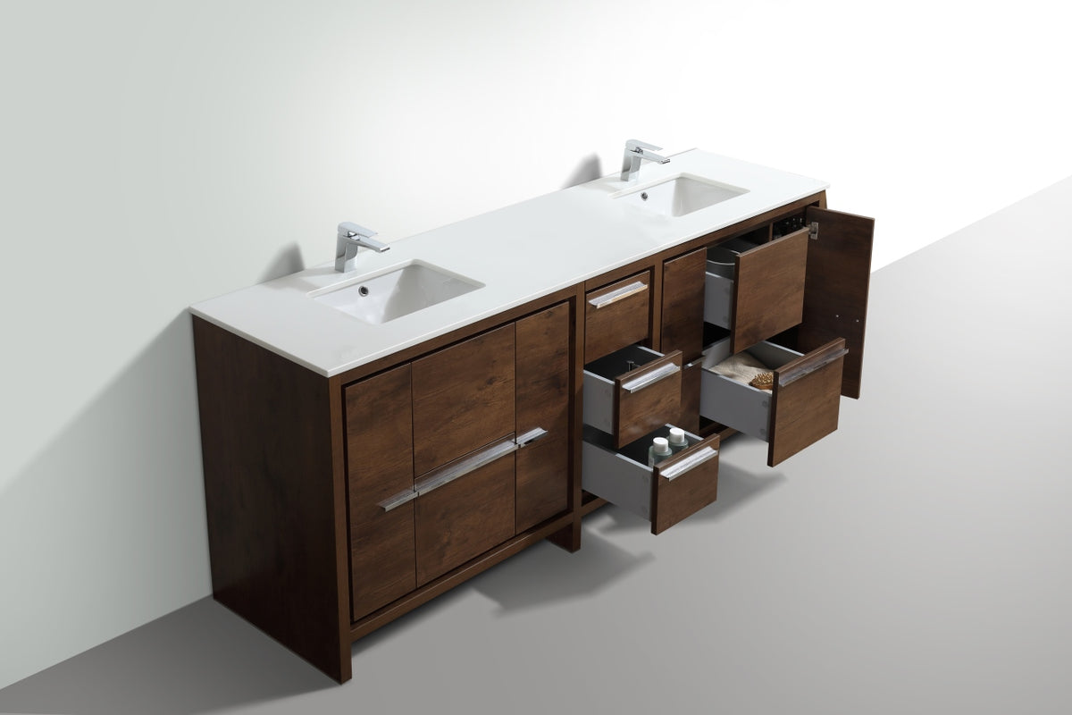 83'' KubeBath Dolce Double Sink Rose Wood Modern Bathroom Vanity with White Quartz Counter-Top