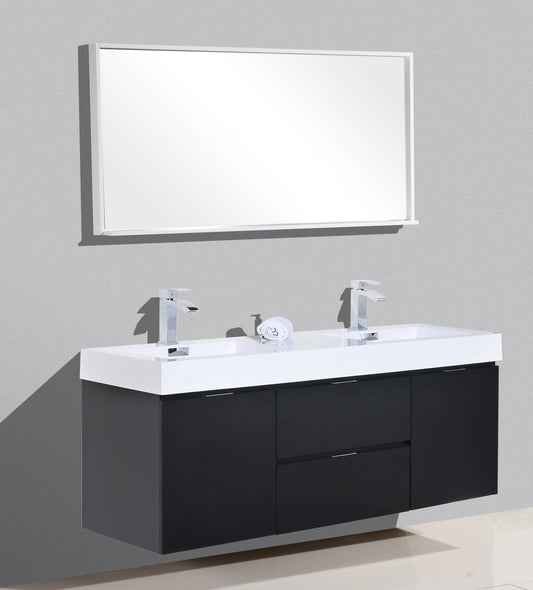 Bliss 60" Wood Black Wall Mount Double Sink Modern Bathroom Vanity
