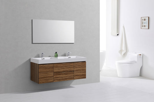 Bliss 60" High Glossy Chestnut Wood Wall Mount Double Sink Modern Bathroom Vanity