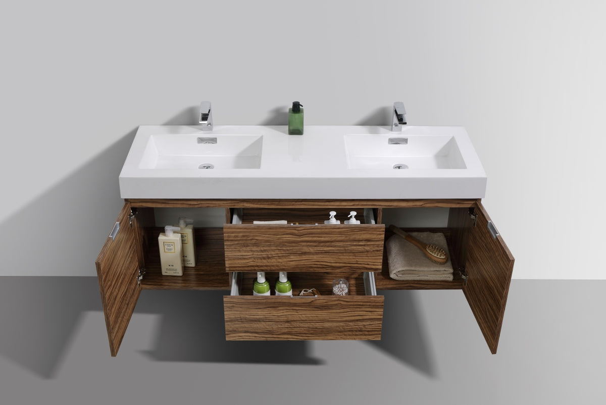 Bliss 60" High Glossy Chestnut Wood Wall Mount Double Sink Modern Bathroom Vanity