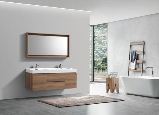 Bliss 60" Honey Oak Wall Mount Double Sink Modern Bathroom Vanity