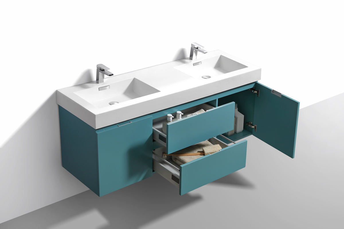 Bliss 60" Teal Green Wall Mount Double Sink Modern Bathroom Vanity