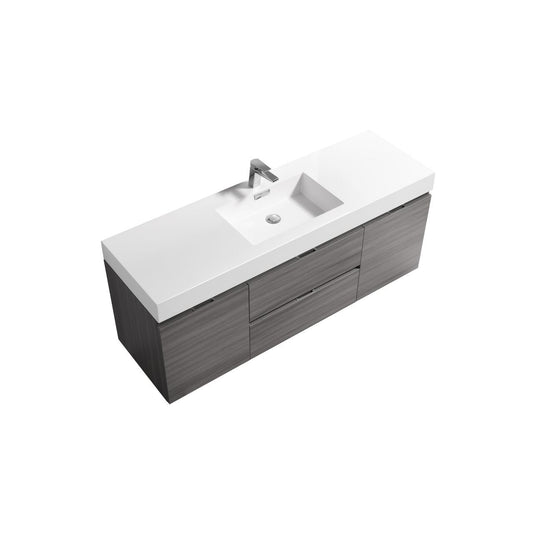 Bliss 60" Vulcan Ash Grey Wall Mount Single Sink Modern Bathroom Vanity