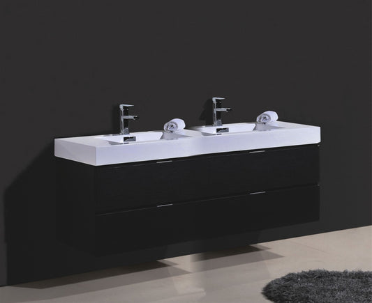 Bliss 71" Black Wood Wall Mount Double Sink Modern Bathroom Vanity
