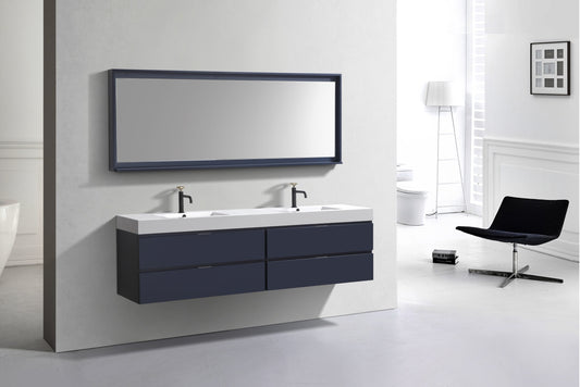 Bliss 71" Navy Blue Wall-Mount Double Sink Modern Bathroom Vanity