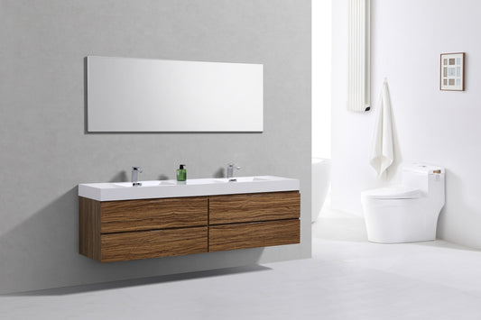 Bliss 71" High Glossy Chestnut Wood Wall Mount Double Sink Modern Bathroom Vanity