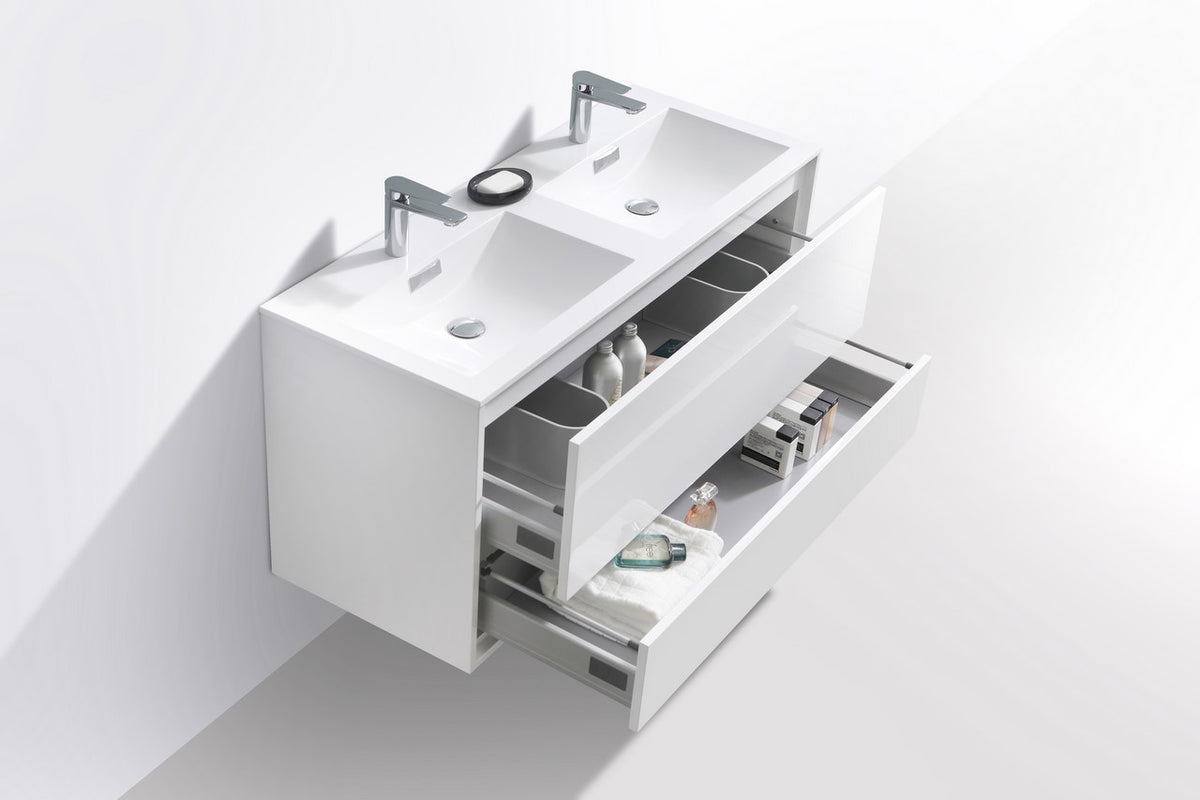 DeLusso 48" Double Sink High Glossy White Wall Mount Modern Bathroom Vanity