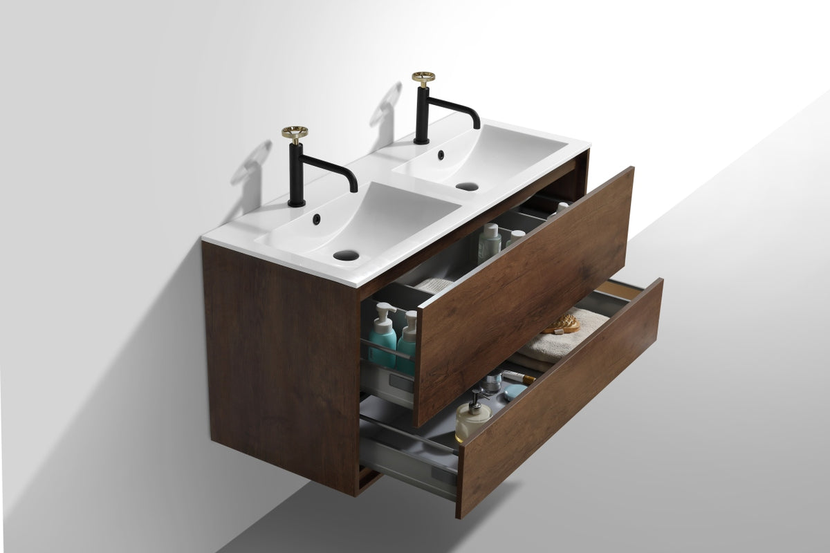 DeLusso 48" Double Sink Rosewood Wall Mount Modern Bathroom Vanity
