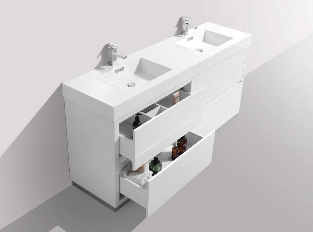 Bliss 60" High Gloss White Floor Mount Modern Bathroom Vanity