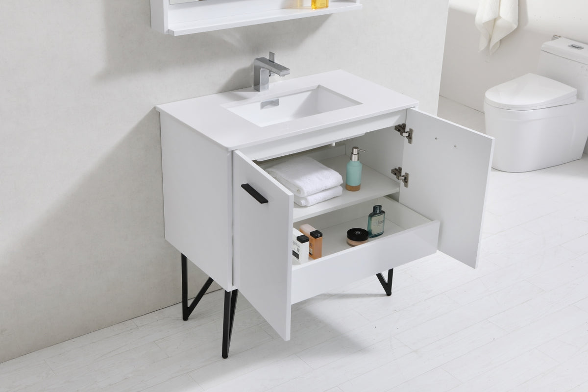 BOSCO 36" High Gloss White Modern Bathroom Vanity w/ Quartz Countertop