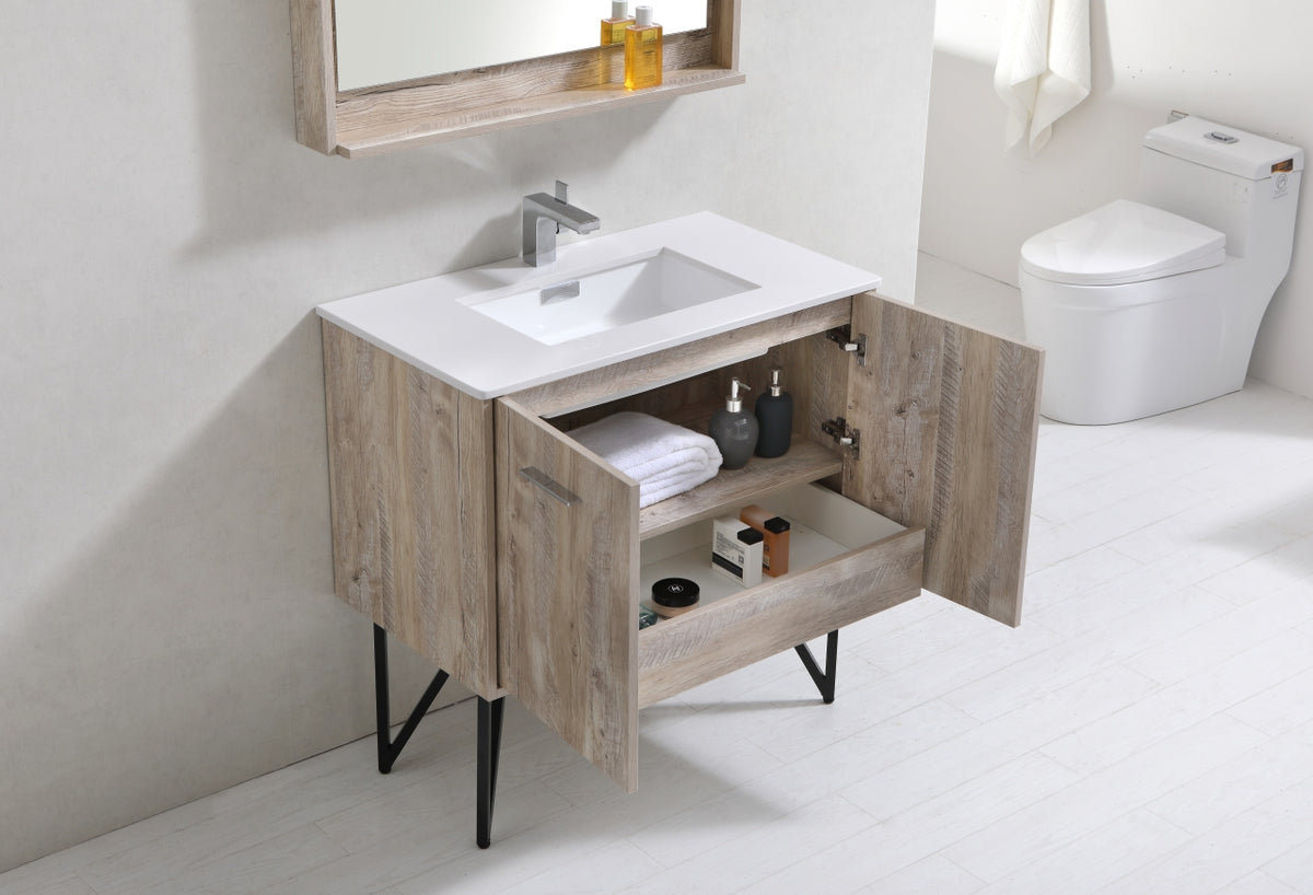 Bosco 36" Wall Mount Nature Wood Modern Bathroom Vanity w/ Quartz Countertop