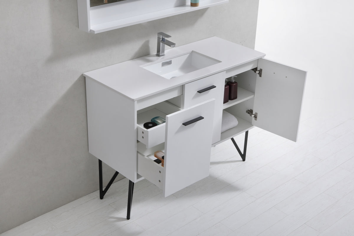 BOSCO 48" High Gloss White Modern Bathroom Vanity w/ Quartz Countertop