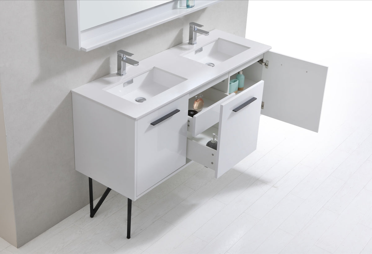 BOSCO 60" High Gloss White Modern Bathroom Vanity w/ Quartz Countertop