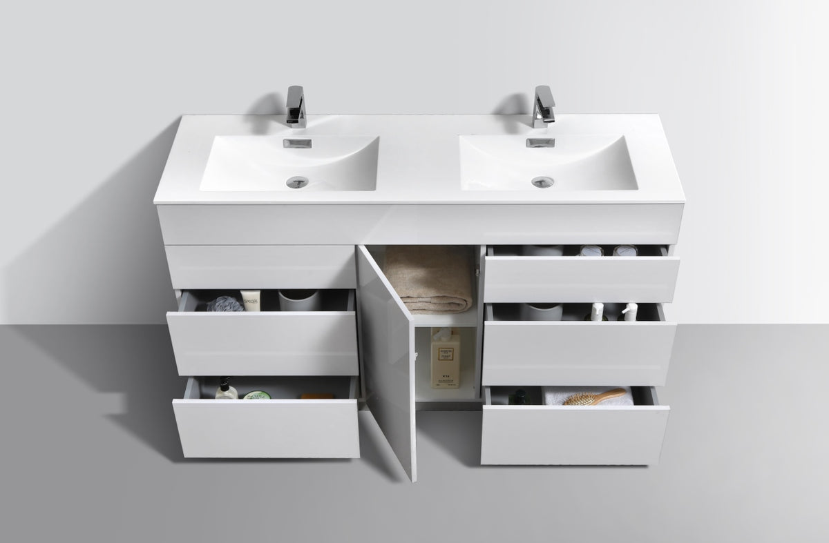 60" Milano Gloss White Floor Mount Modern Bathroom Vanity with Double Sink