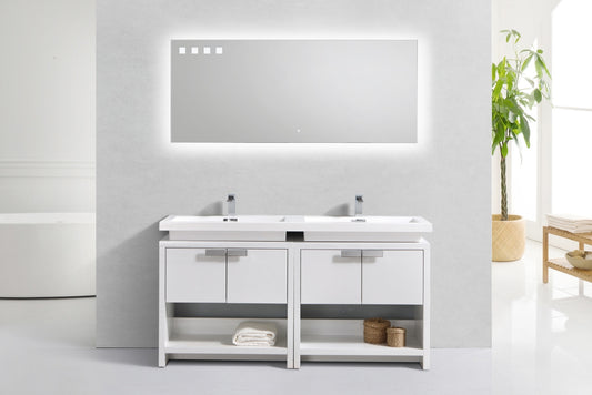 Levi 63" Gloss White Double Sink Modern Bathroom Vanity w/ Cubby Hole