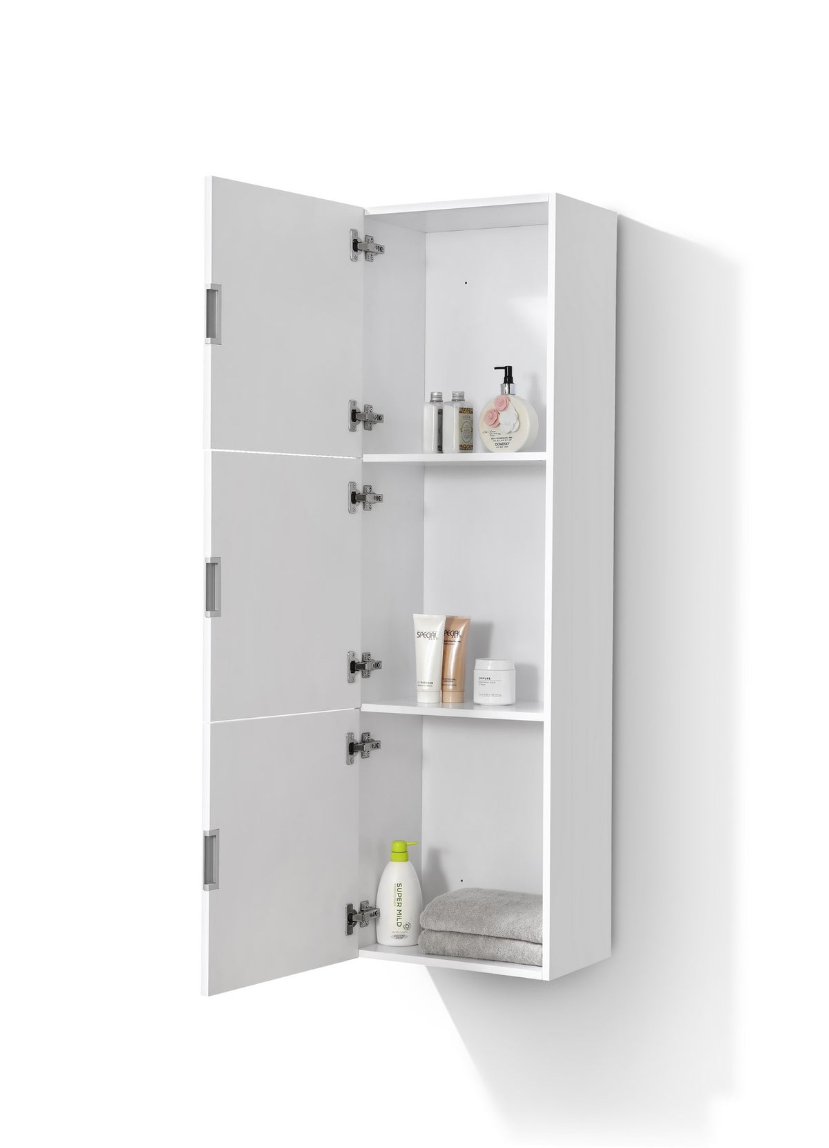 Bliss High Gloss White Bathroom Linen Cabinet w/ 3 Large Storage Areas