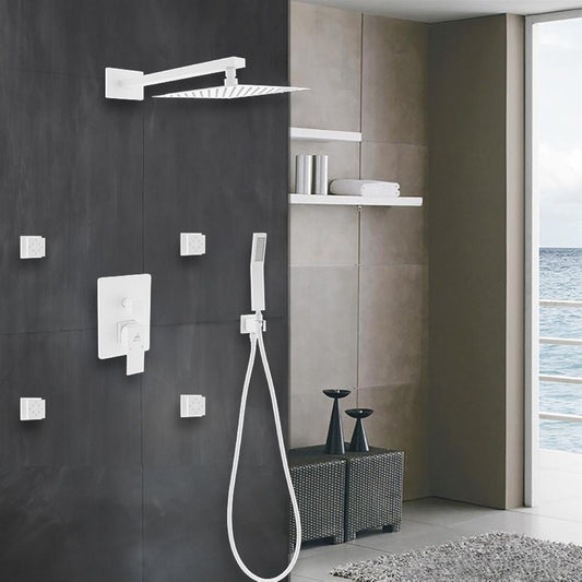 Aqua Piazza White Brass Shower Set w/ 8" Square Rain Shower, 4 Body Jets and Handheld