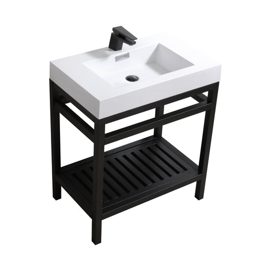 A matte black stainless steel console with a white acrylic sink, featuring a chrome faucet and a lower shelf, isolated on a white background.