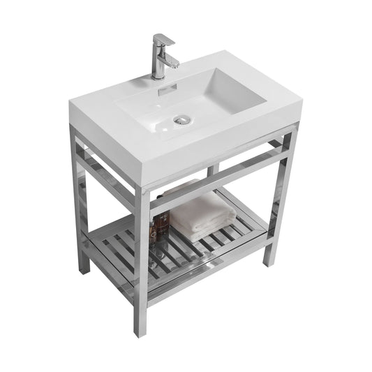 A stainless steel console with a white acrylic sink and chrome finish, including a chrome cover for the overflow and a lower shelf, displayed against a white background.