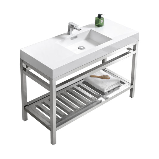 A white acrylic sink with a chrome finish stainless steel console, featuring an integrated sink and an open shelf beneath the countertop.