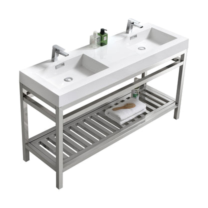 A modern stainless steel console with a white acrylic double sink and chrome finish, featuring a vanity base with an open shelf beneath the countertop.