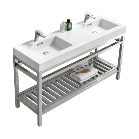 A modern stainless steel console with a white acrylic double sink and chrome finish, featuring a vanity base with an open shelf beneath the countertop.
