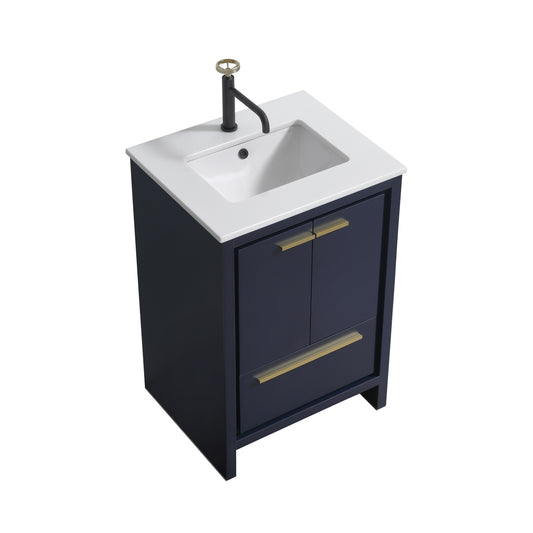 24'' KubeBath Dolce Navy Blue Modern Bathroom Vanity with White Quartz Counter-Top