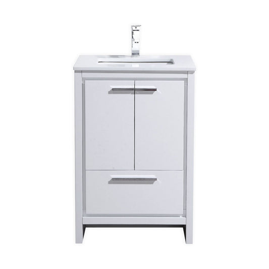 24'' KubeBath Dolce High Gloss White Modern Bathroom Vanity with White Quartz Counter-Top