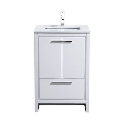 A modern white bathroom vanity with two doors, one drawer, and a white quartz countertop, equipped with a undermount ceramic sink and chrome finish handles.