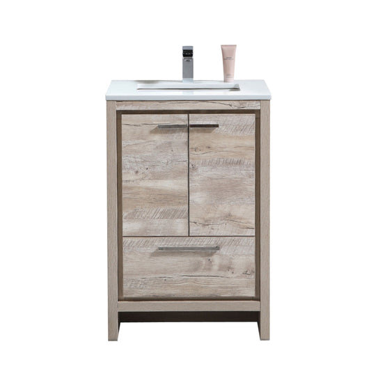 24'' KubeBath Dolce Nature Wood Modern Bathroom Vanity with White Quartz Counter-Top