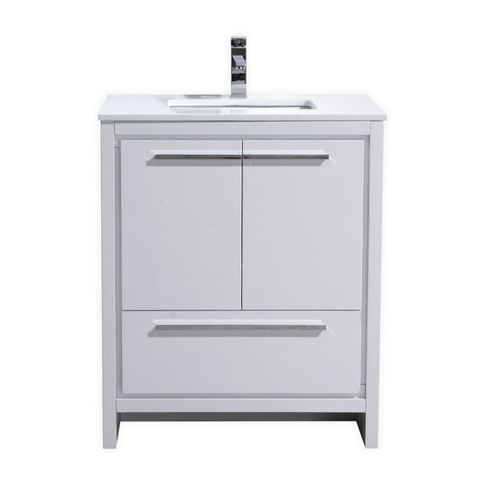 30'' KubeBath Dolce High Gloss White Modern Bathroom Vanity with White Quartz Counter-Top