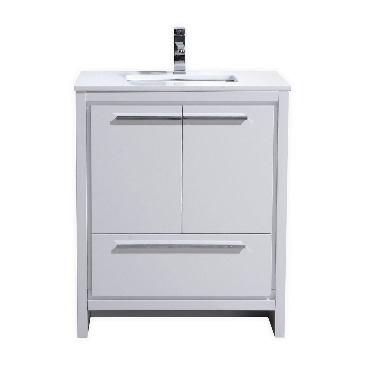 A modern white bathroom vanity with a quartz countertop, ceramic sink, and aluminum handles. The image shows the vanity from a front angle view with the sink on top.