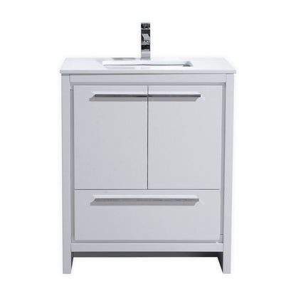 A modern white bathroom vanity with a quartz countertop, ceramic sink, and aluminum handles. The image shows the vanity from a front angle view with the sink on top.
