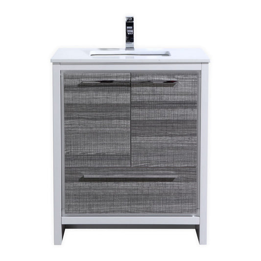 30'' KubeBath Dolce Ash Gray Modern Bathroom Vanity with White Quartz Counter-Top