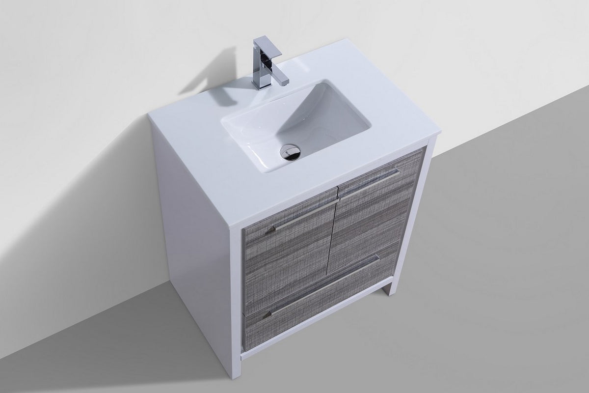 30'' KubeBath Dolce Ash Gray Modern Bathroom Vanity with White Quartz Counter-Top