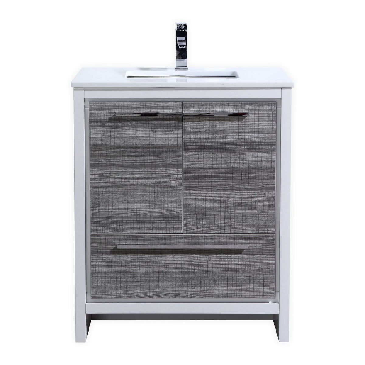 A modern bathroom vanity with ash gray wood grain finish and white quartz countertop, featuring a white undermount ceramic sink and chrome finish handles.