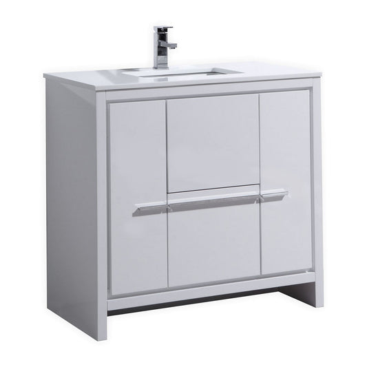 36'' KubeBath Dolce High Gloss White Modern Bathroom Vanity with White Quartz Counter-Top