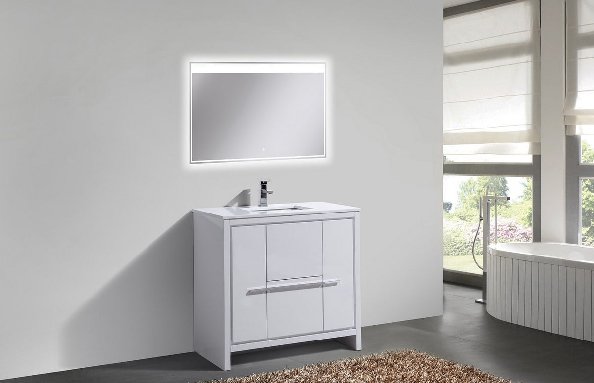 36'' KubeBath Dolce High Gloss White Modern Bathroom Vanity with White Quartz Counter-Top