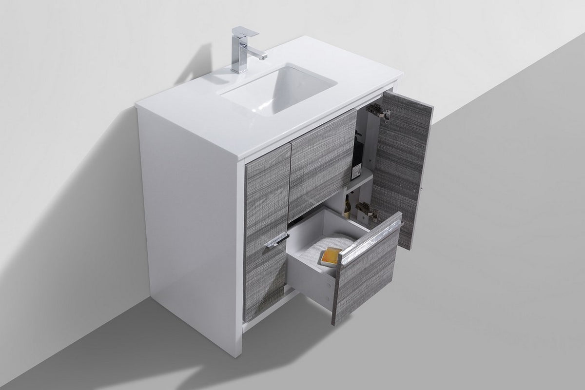 36'' KubeBath Dolce Ash Gray Modern Bathroom Vanity with White Quartz Counter-Top