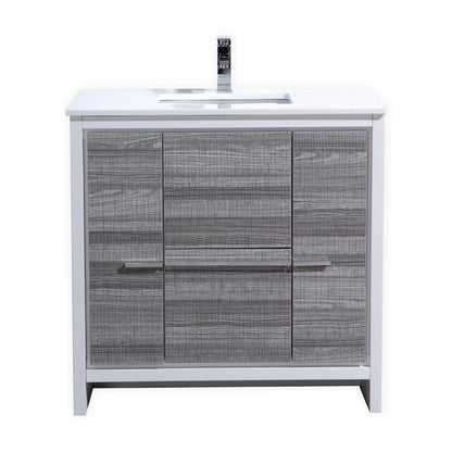 Modern bathroom vanity with ash gray doors, white quartz countertop, and undermount sink.