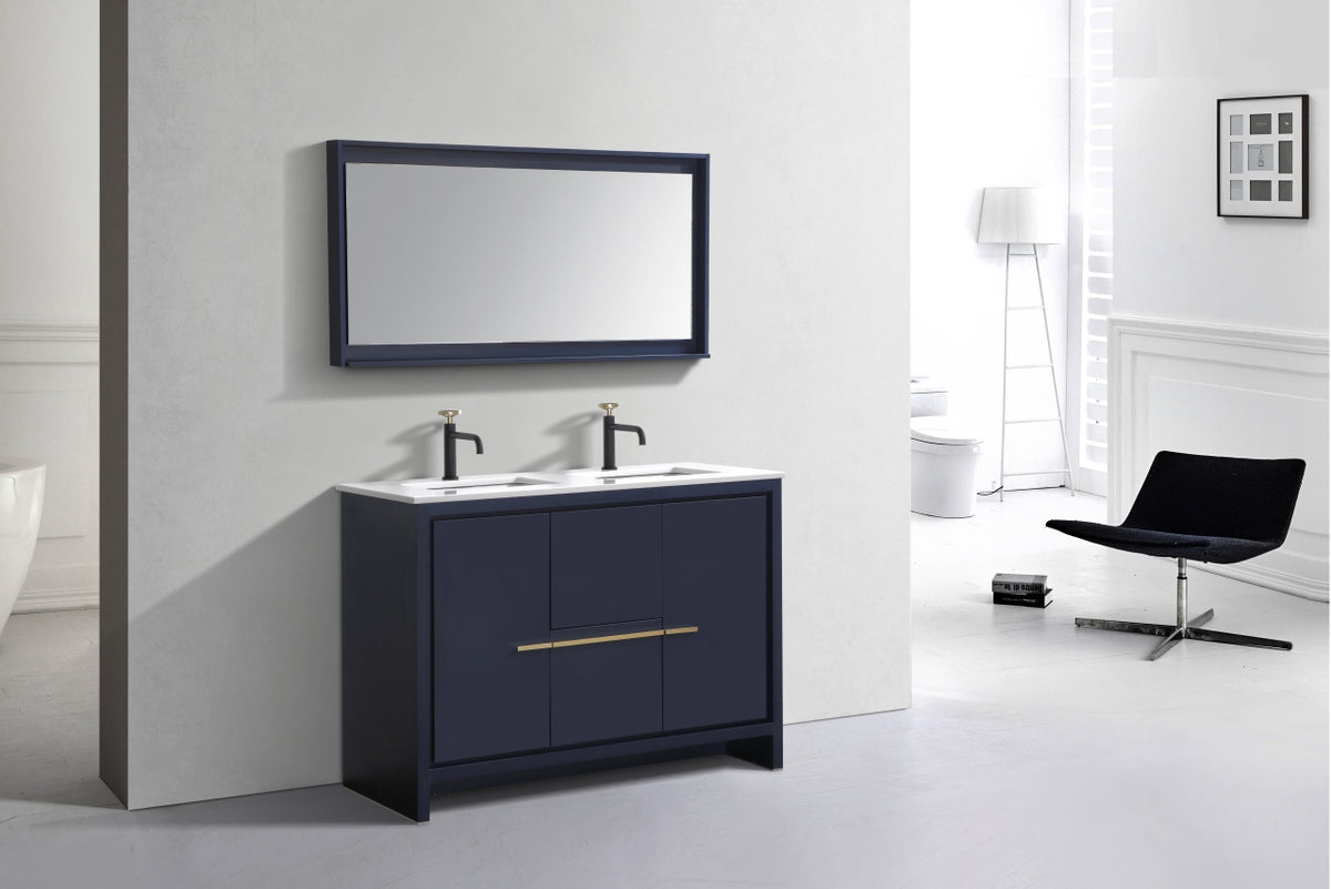 48'' KubeBath Dolce Double Sink Navy Blue Modern Bathroom Vanity with White Quartz Counter-Top