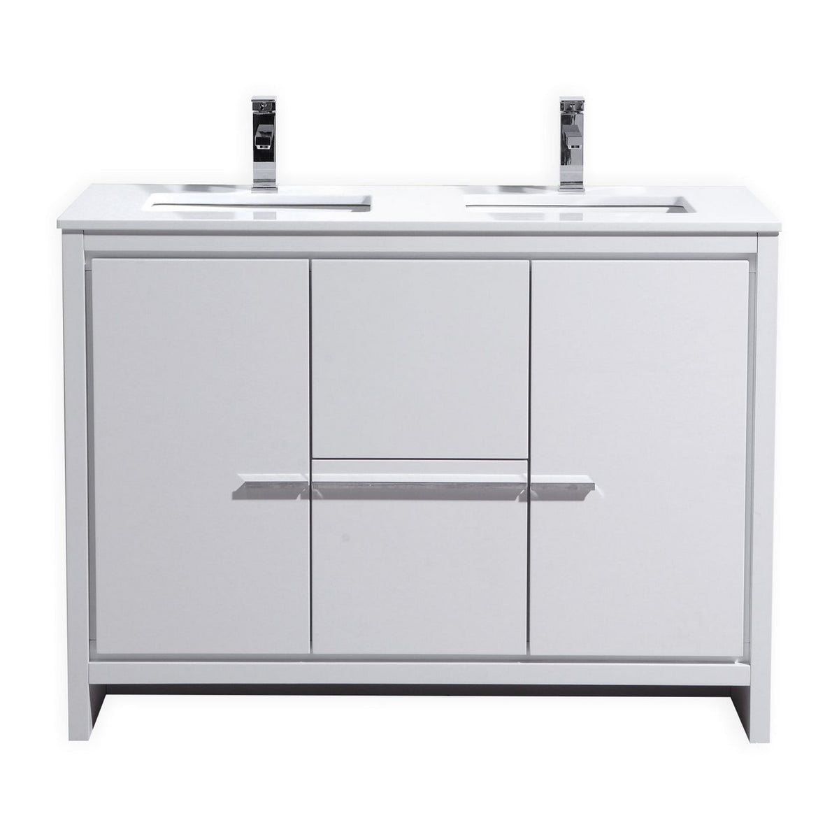 48″ KubeBath Dolce Double Sink High Gloss White Modern Bathroom Vanity with White Quartz Counter-Top