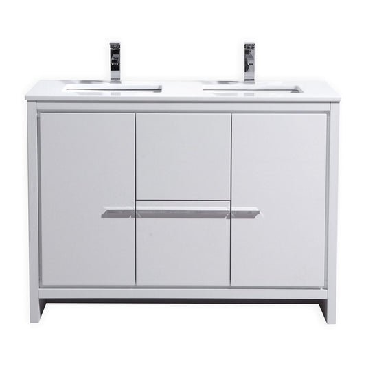 48″ KubeBath Dolce Double Sink High Gloss White Modern Bathroom Vanity with White Quartz Counter-Top