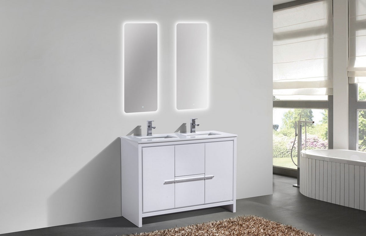 48″ KubeBath Dolce Double Sink High Gloss White Modern Bathroom Vanity with White Quartz Counter-Top