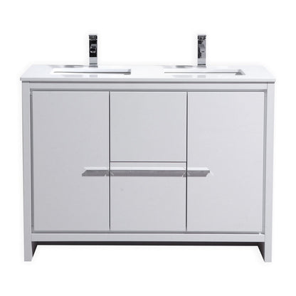 A modern white double sink bathroom vanity with quartz countertop and aluminum handles, depicted without mirrors, faucets, or pop-drains.
