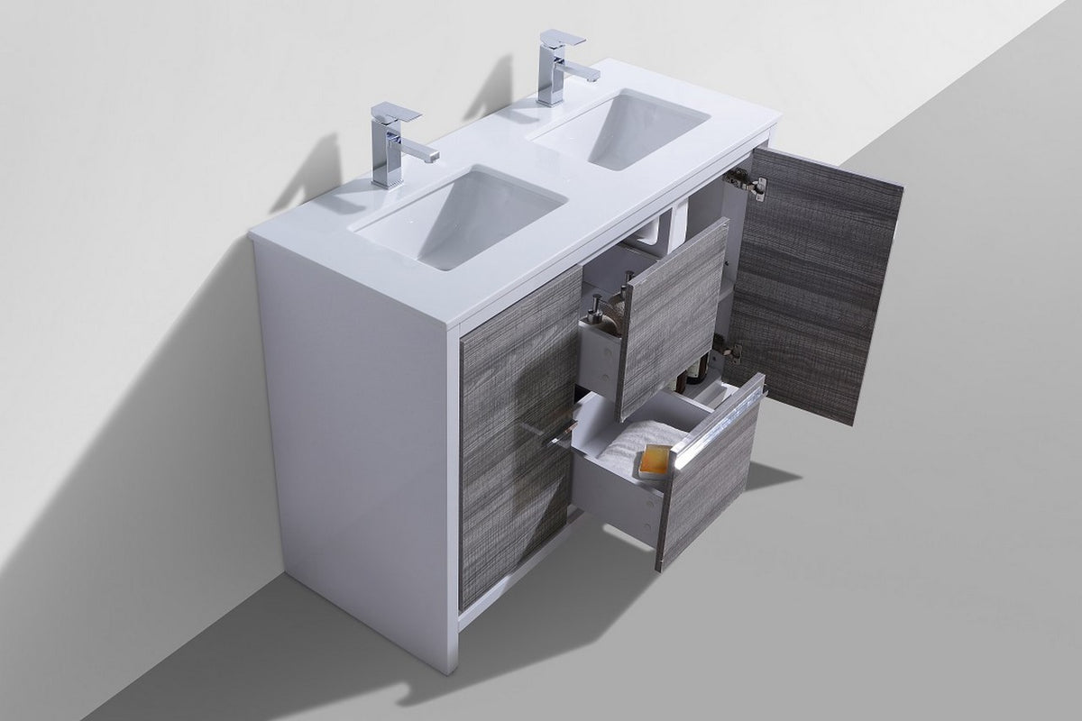 48'' KubeBath Dolce Double Sink Ash Gray Modern Bathroom Vanity with White Quartz Counter-Top