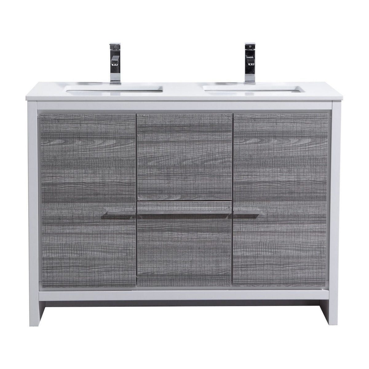 A modern ash gray double sink bathroom vanity with white quartz countertop, stainless steel handles, and two functional doors.
