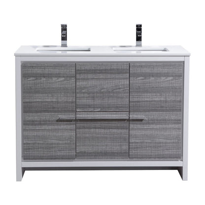 A modern ash gray double sink bathroom vanity with white quartz countertop, stainless steel handles, and two functional doors.
