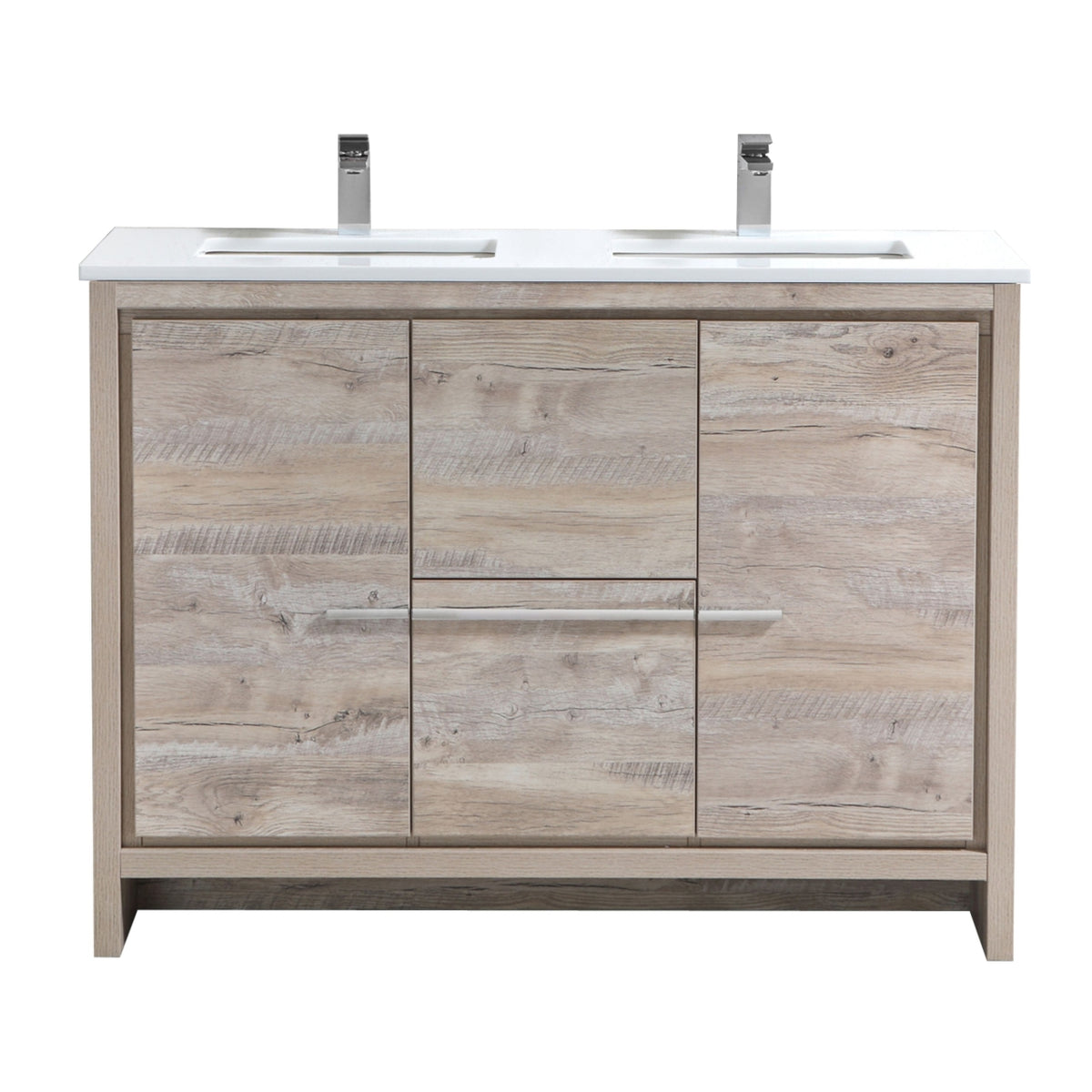 48'' KubeBath Dolce Double Sink Nature Wood Modern Bathroom Vanity with White Quartz Counter-Top